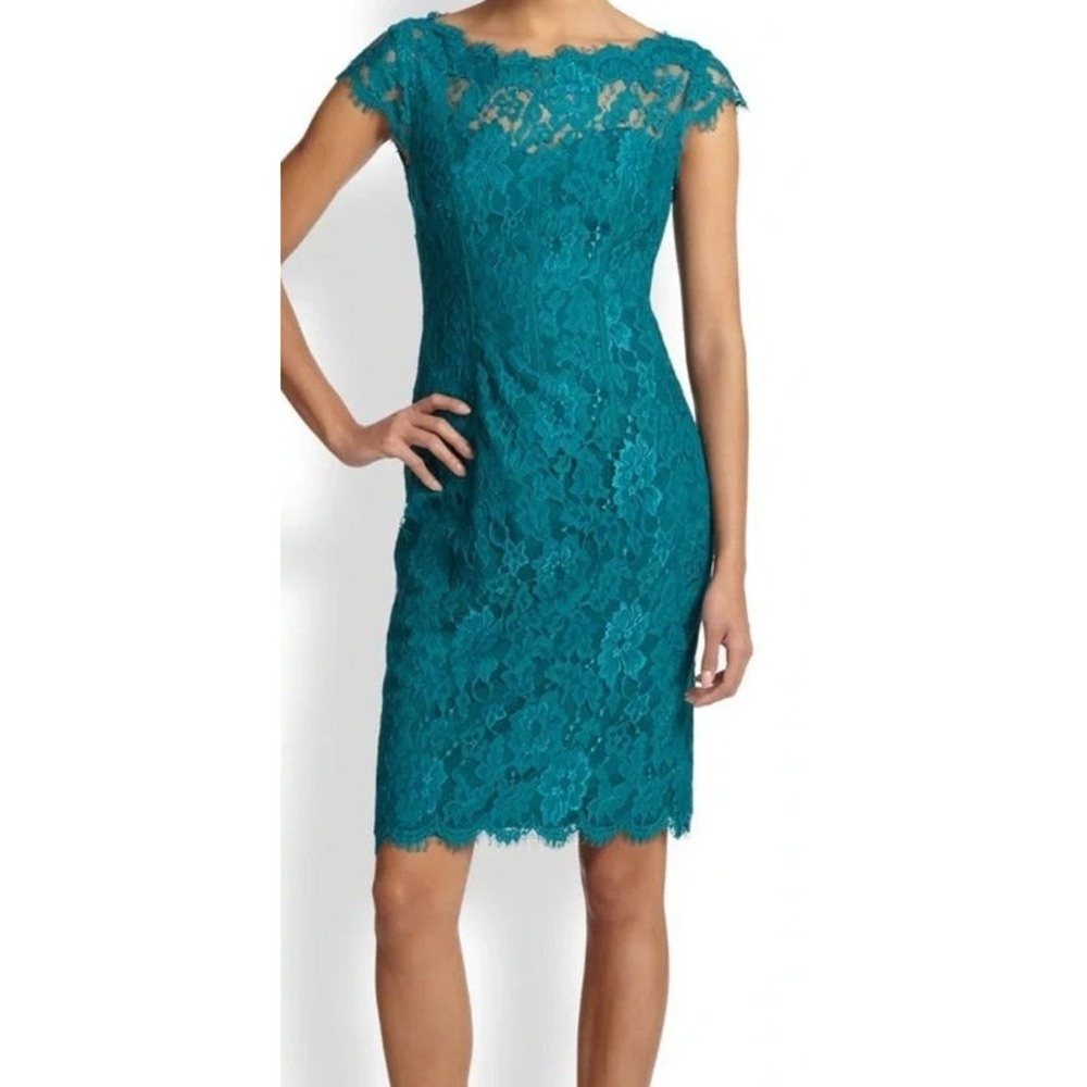 Monique LHuillier Women's Teal Green Lace Cap Sleeve Shift Dress - Sz 12